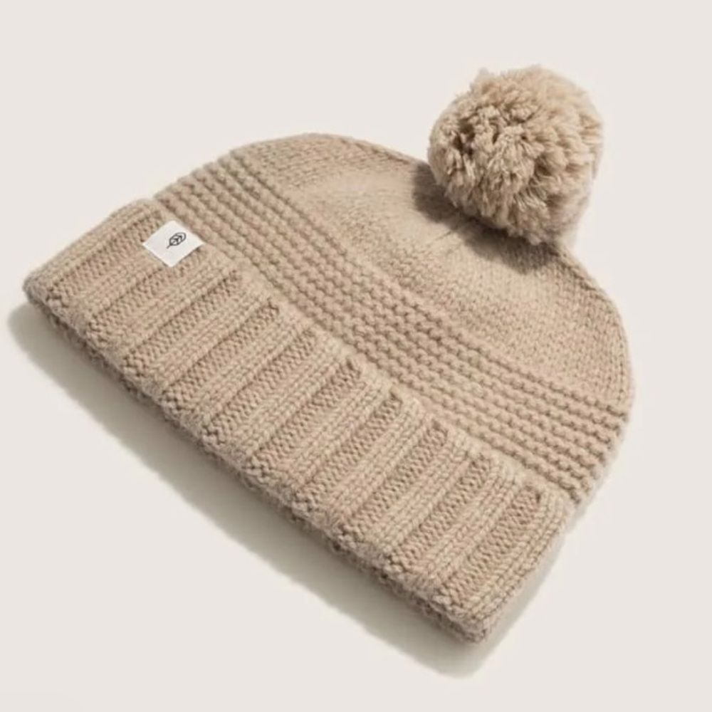 Men's Knit Pom Beanie Hat in Beige